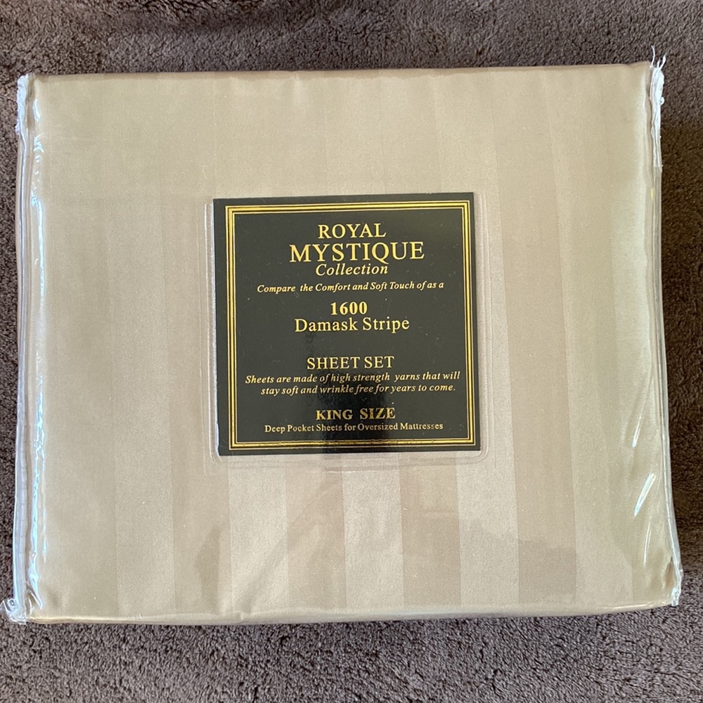 NWT Royal Mystique Collection 1600 Damask Stripe KING SIZE Bed Set